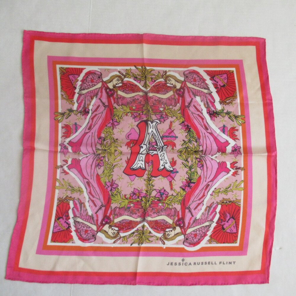 Jessica Russell Flint Silk Square Scarf Letter A, Initial A 19 "x 19" Multicolor